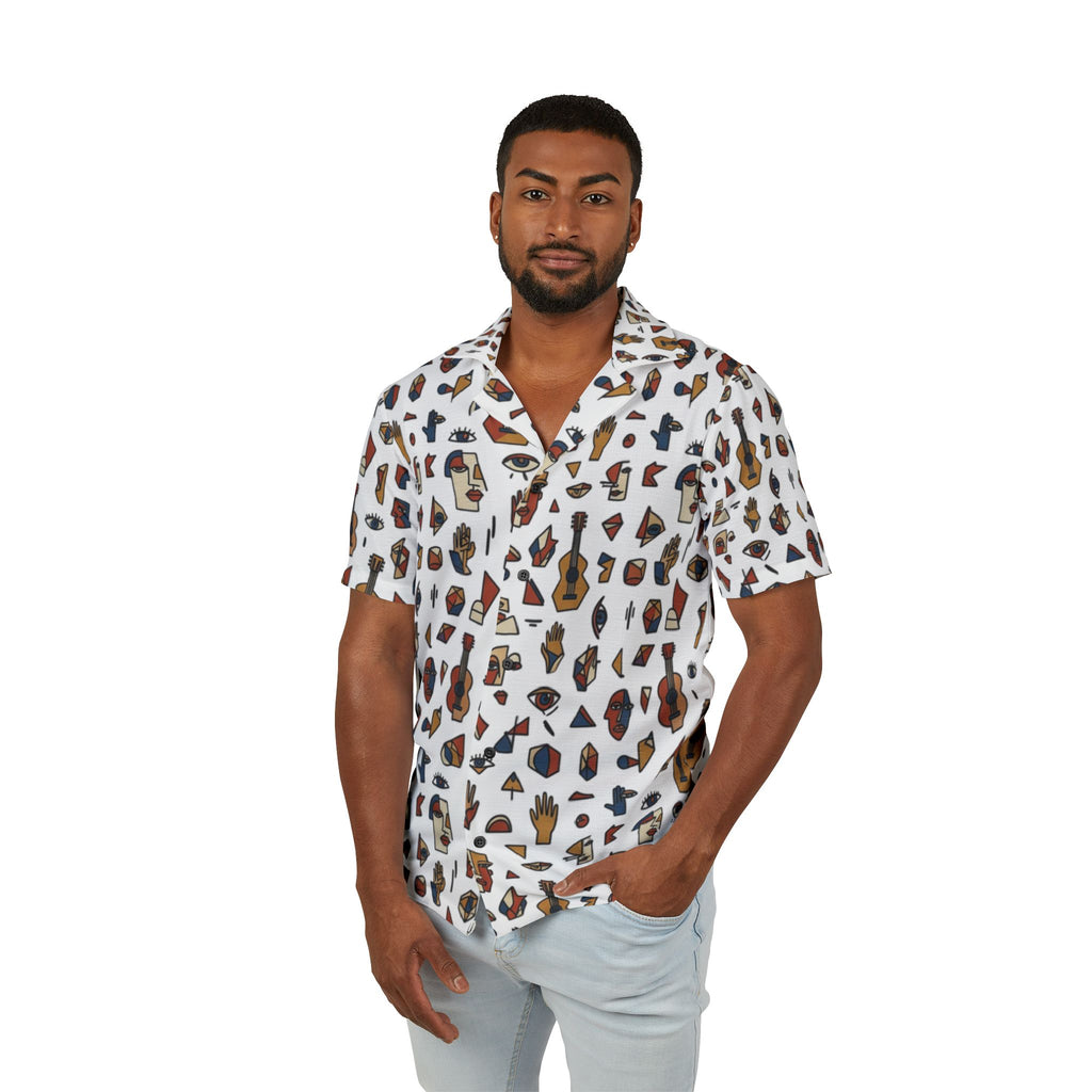 Picasso-Inspired Hawaiian Camp Shirt — Men's AOP Tropical Ukulele & Island Icons