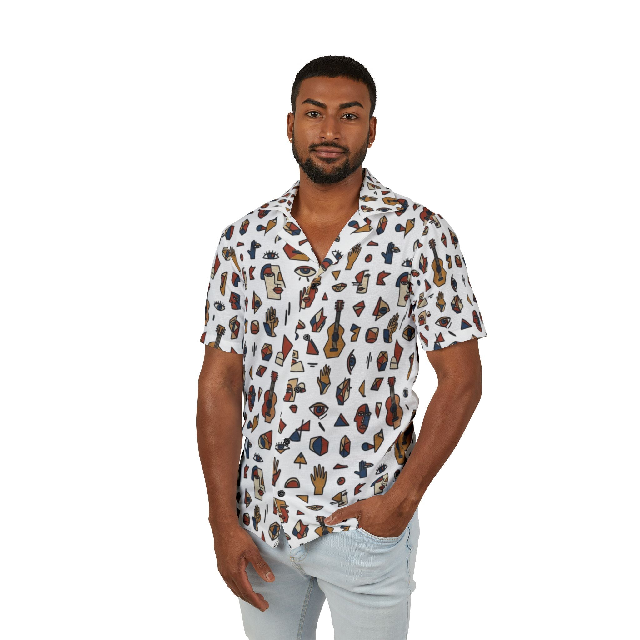 Picasso-Inspired Hawaiian Camp Shirt — Men's AOP Tropical Ukulele & Island Icons