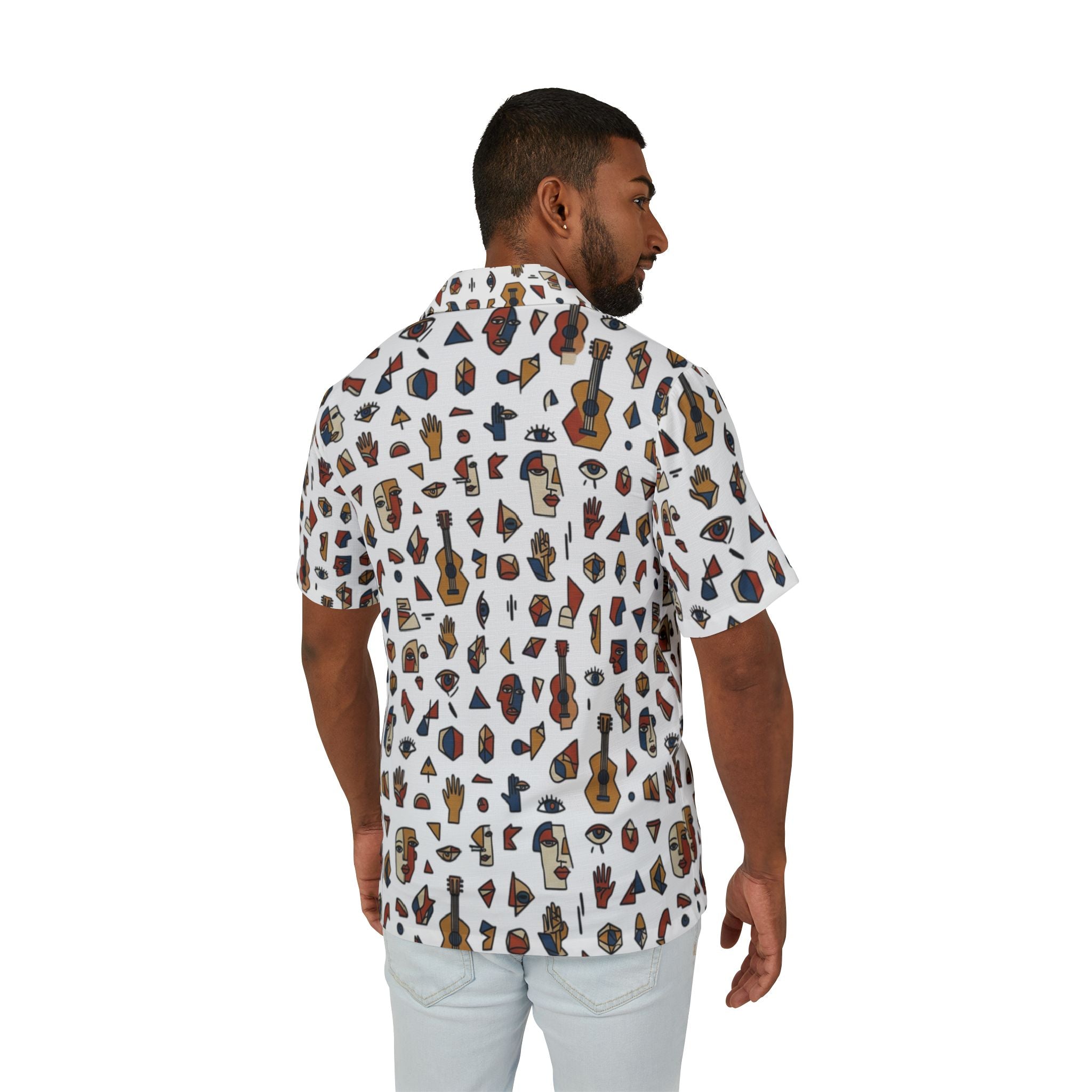 Picasso-Inspired Hawaiian Camp Shirt — Men's AOP Tropical Ukulele & Island Icons